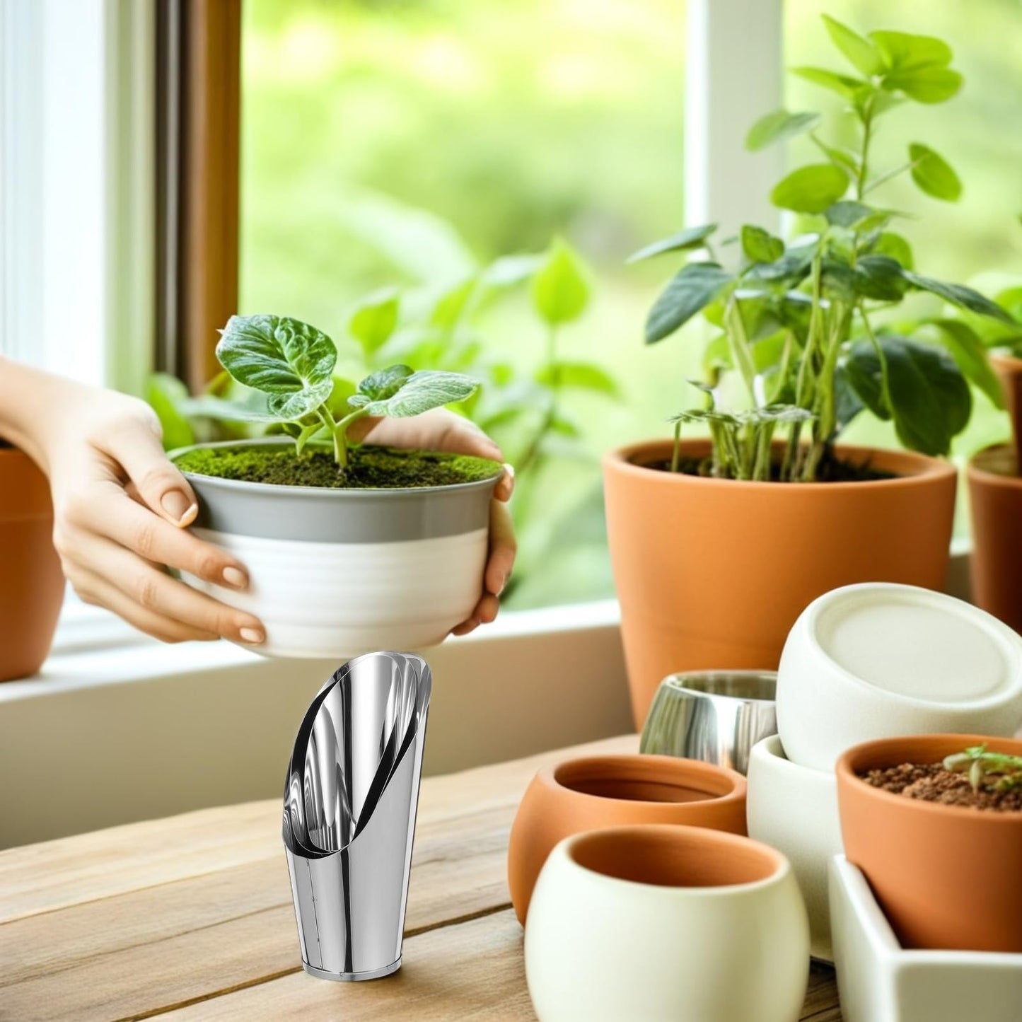 SHINYPASING 3pcs Stainless Steel Soil Scoop Set Bucket Shovel for Bonsai and Succulent Planting Gardening Hand Tools with Small, Medium, Large Cups for Potting and Transplanting