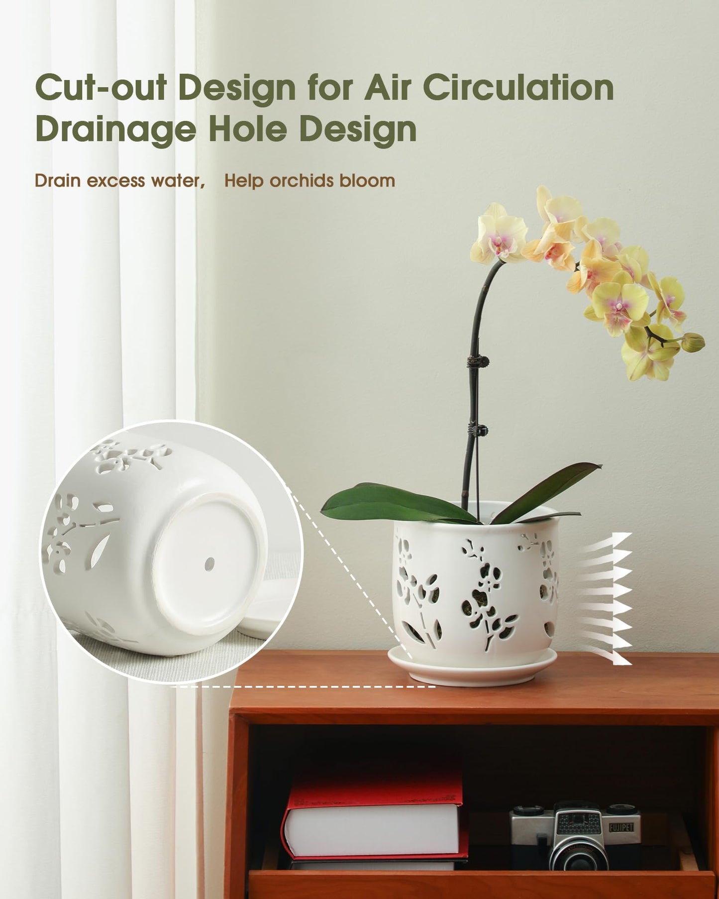 Fayoula Orchid Pots 6.5 Inch Large with Drainage Holes Ensuring Healthy Growth & Easy Repotting, Premium Ceramic for Indoor and Outdoor, Perfect Home Thriving Orchids。