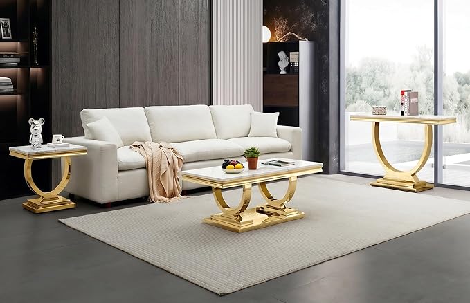 Henf 47" Marble Console Table Modern White Faux Marble Entryway Table