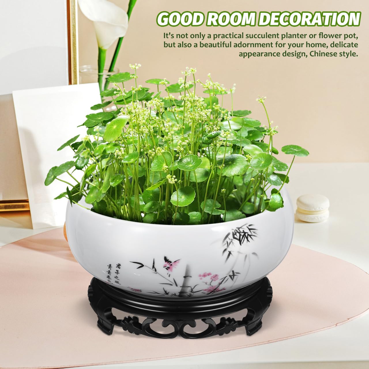 DOITOOL Lotus Bowl Planter, 6.9 Inch Water Lily Bowl Chinese Style Ceramic Lotus Planter, Bonsai Flower Water Lily Pot Hydroponic Pot with Plastic Base