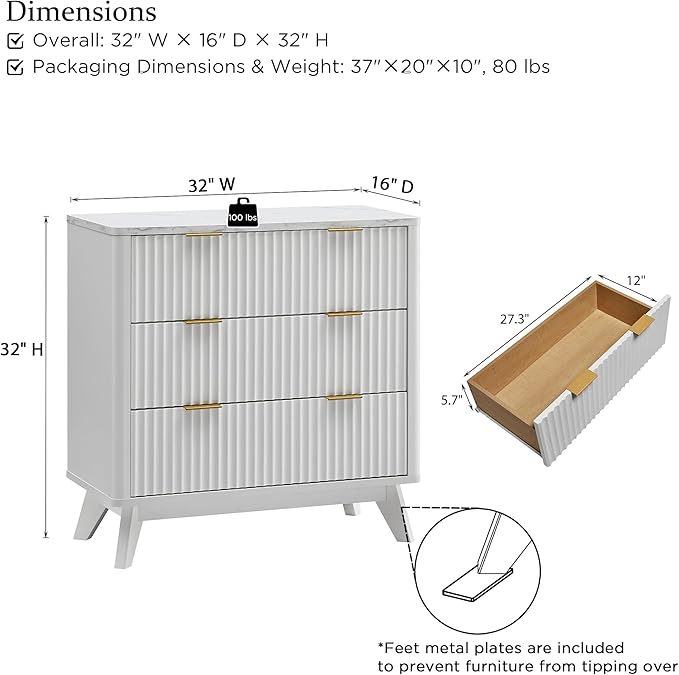 T4TREAM Fluted 3 Drawers Nightstand, Oversized Extra Large Modern Side Table