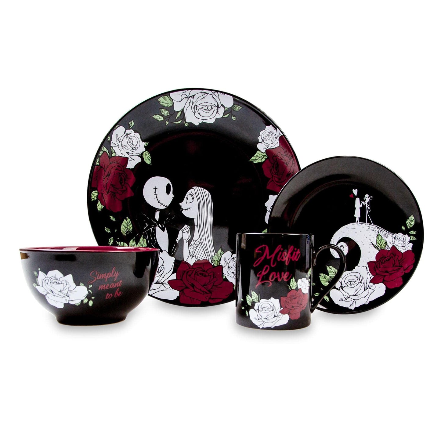 Disney The Nightmare Before Christmas Jack and Sally Roses 16-Piece Ceramic Dinnerware Set | Includes Salad Plates, Bowls, Mugs