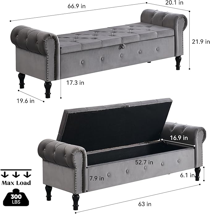 67" Storage Bench for Bedroom, Velvet End of Bed Bench, King Size Bench