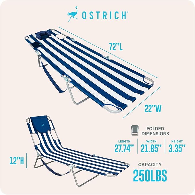 Ostrich Beach Lounge Chair, Folding & Reclining Outdoor Chaise Lounger
