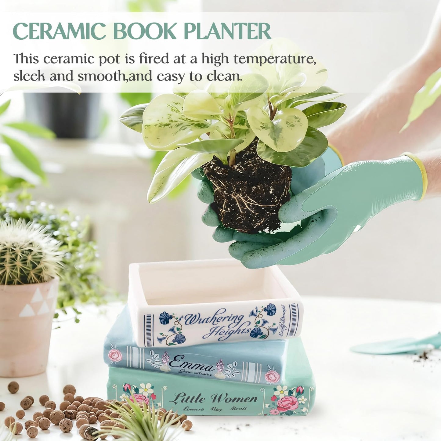 Bookstack Ceramic Planter - Small Flower Vase for Succulents, Air Plants, Desk Decor - Mini Book-Shaped Pot for Bookshelf, Office, Bedroom for Book Lovers (Classic Design) Gifts For Mother Father
