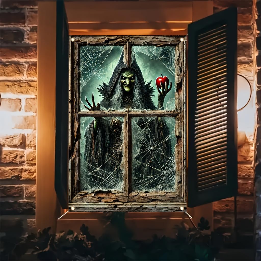 Tomhong Halloween Window Cover 31x47 Inch Witch Holding Apple Cobweb Horror WindowBanner Holiday Decoration Haunted House Indoor Outdoor Spooky Wall Decor