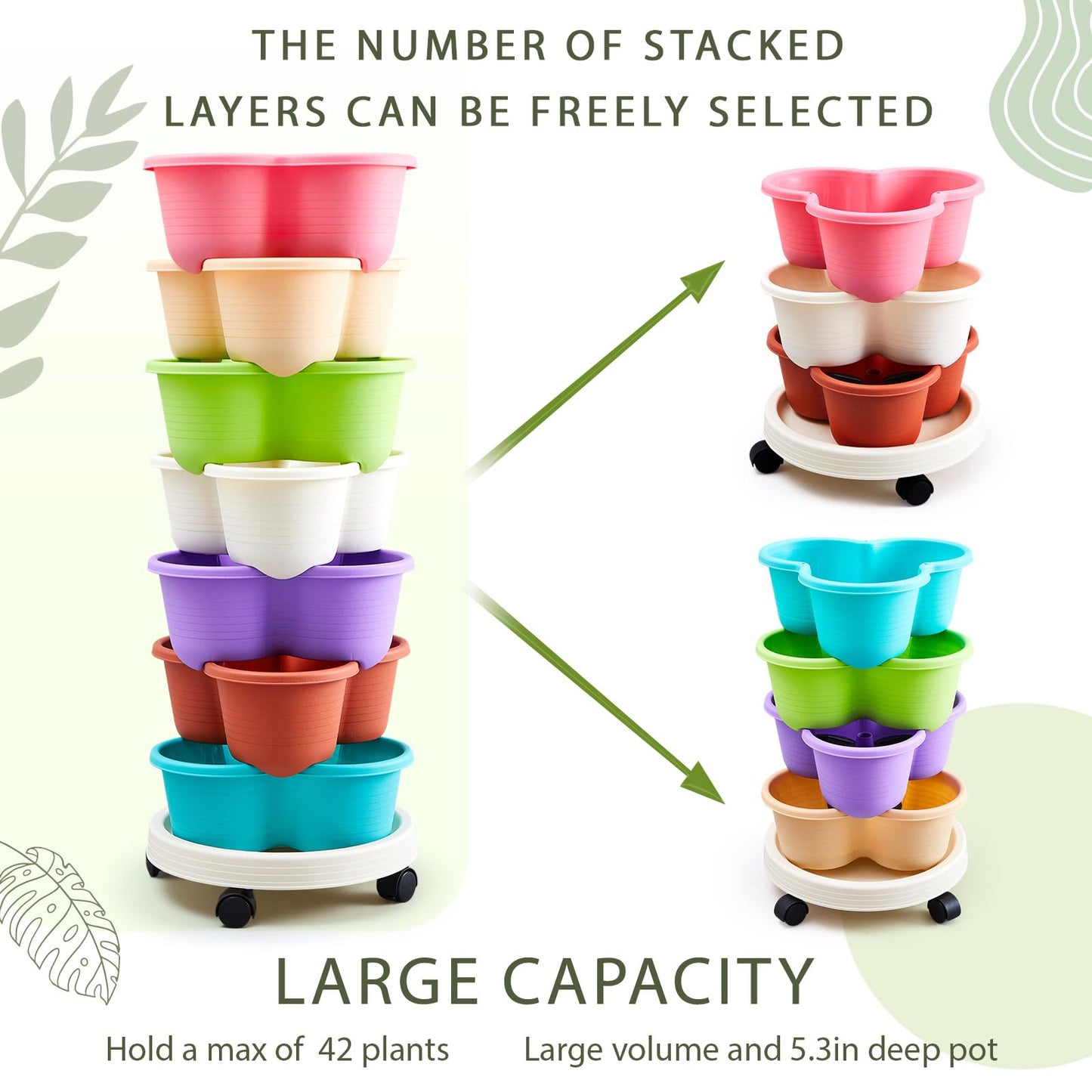 Umigy 2 Set Multicolor 7 Tier Stackable Vertical Planters with Removable Wheels and Tools Tower Planters Strawberry Herb Flower Vegetable Pots Indoor Outdoor Gardening Pots