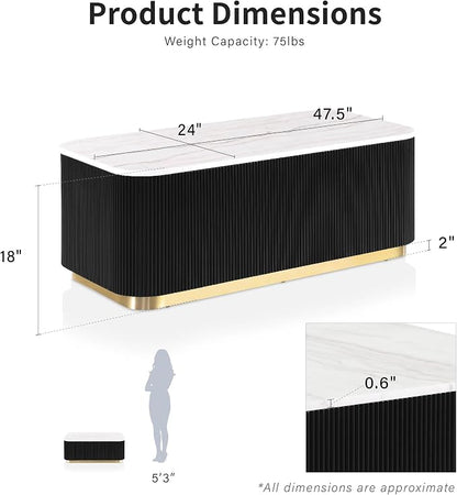 Furniture of America Beryl Modern Rectangle White Genuine Marble Top Coffee Table with Fluted Pedestal Base and Gold Stainless Steel Accent, Low Profile Table for Living Room, Home Office, Black