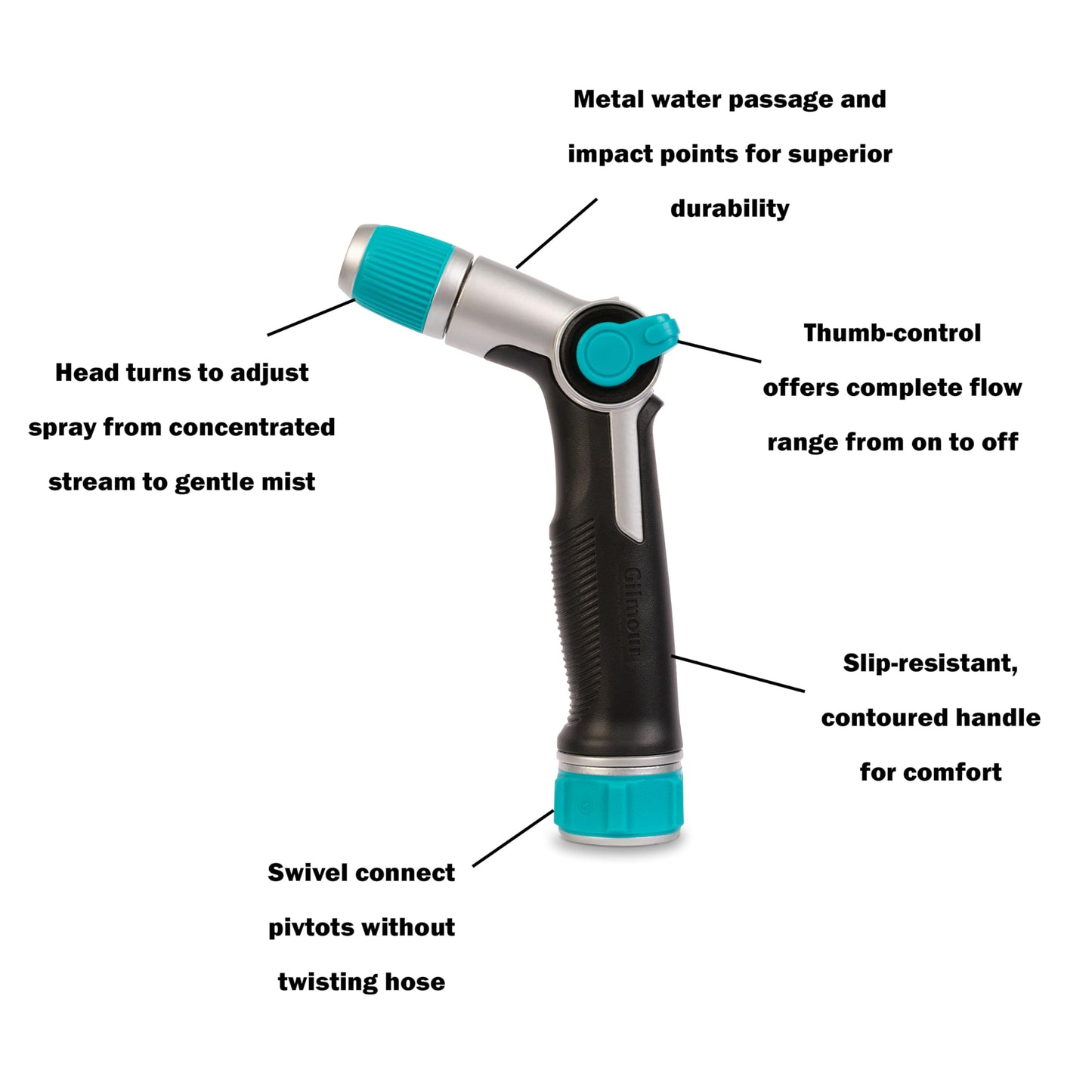 Gilmour Medium Duty Thumb Control Garden Hose Nozzle with Adjustable Spray Pattern, Water Hose Nozzle for Watering Garden or Lawn, Black/Aqua