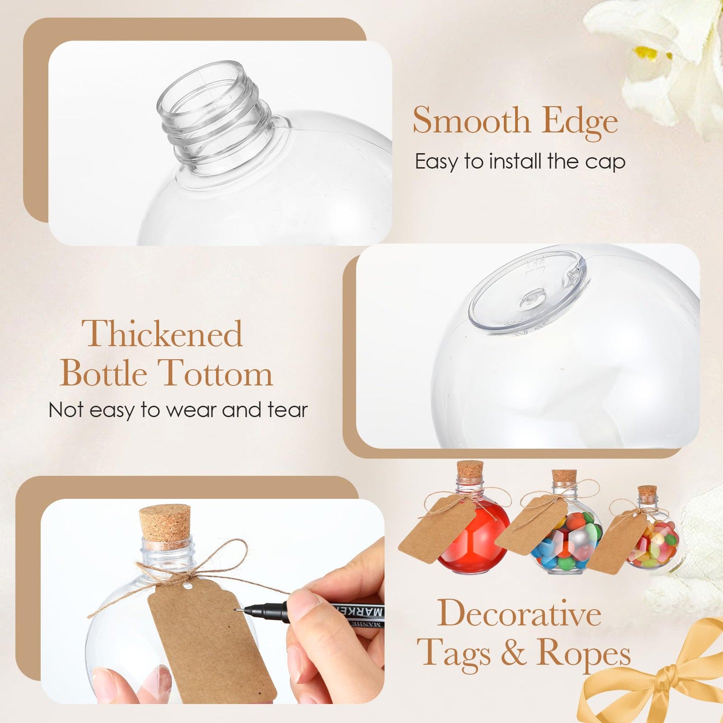 Baderke 24 Pcs Spherical Plastic Potion Bottles with Cork 3, 5, 6 oz Ball Shape Round Sand Art Bottles with mini Funnels for Wedding Cocktail Ornament Decorative Candy Jar Drink DIY Crafts