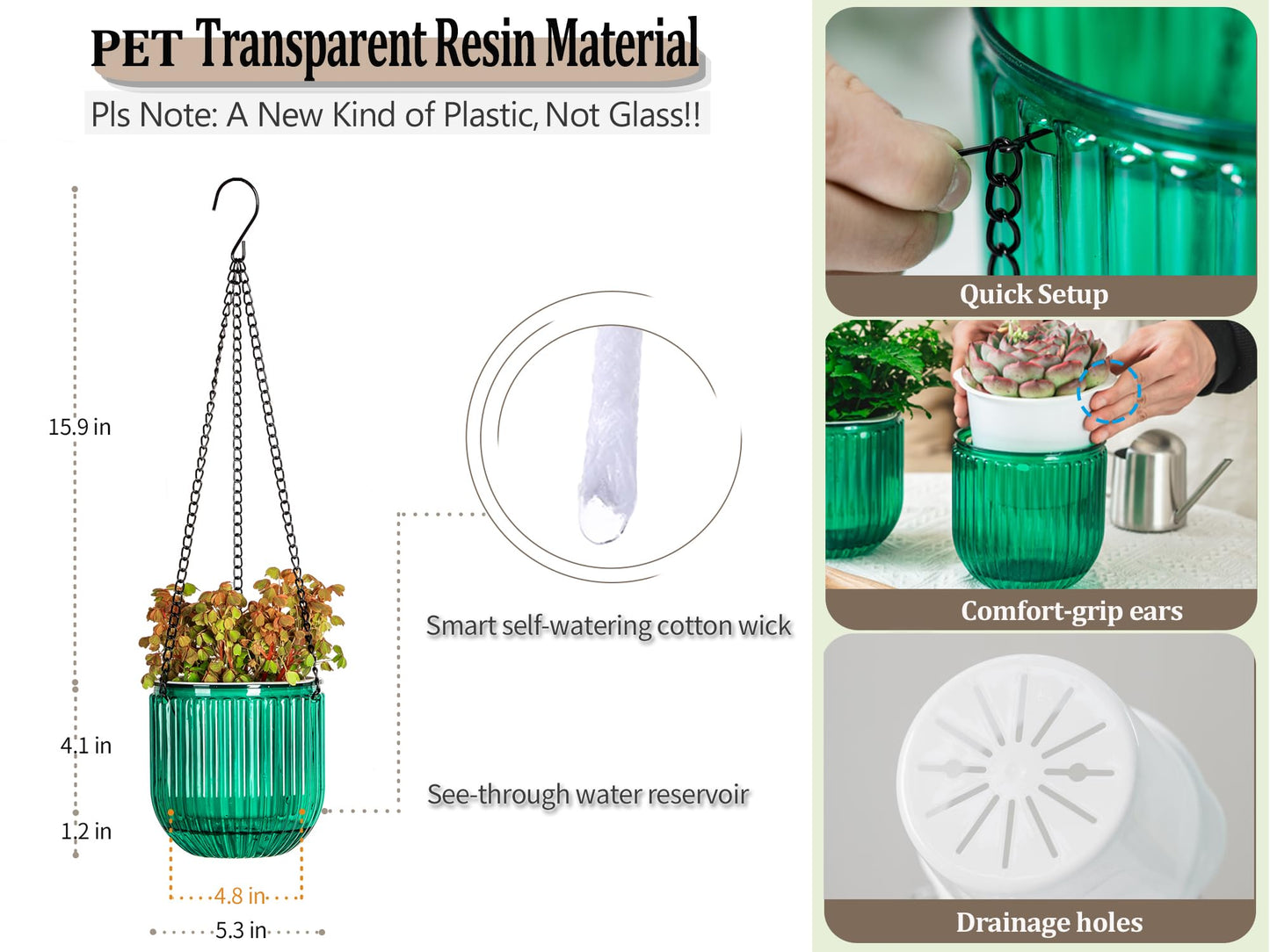 Melphoe 2 Pack Self Watering Hanging Planters Indoor Flower Pots, 5.3 Inch Outdoor Hanging Basket, Plant Hanger with 3Hooks Drainage Holes for Garden Home (Emerald)