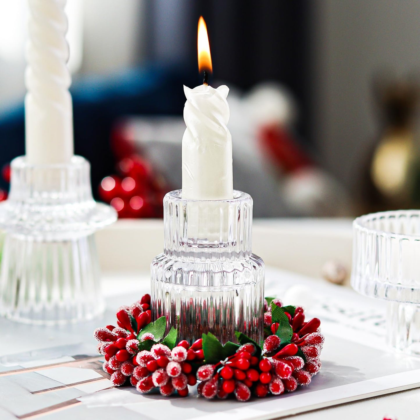 SYFURNIX Clear Candlestick Holders 12PCS Ribbed Glass Taper Candle Holders for Tealight Stick Candles Table Centerpieces Thanksgiving Christmas Indoor and Outdoor Decorations