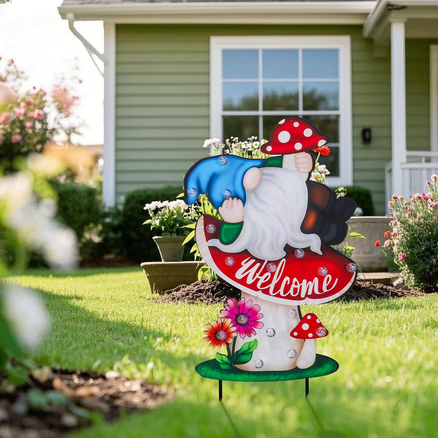 WONDER GARDEN Decorative Garden Stakes - Lighted Mushroom and Gnome Yard Sign Stakes with Flower, Spring Signs for Outdoor, Porch, Yard,Flower Bed Decor