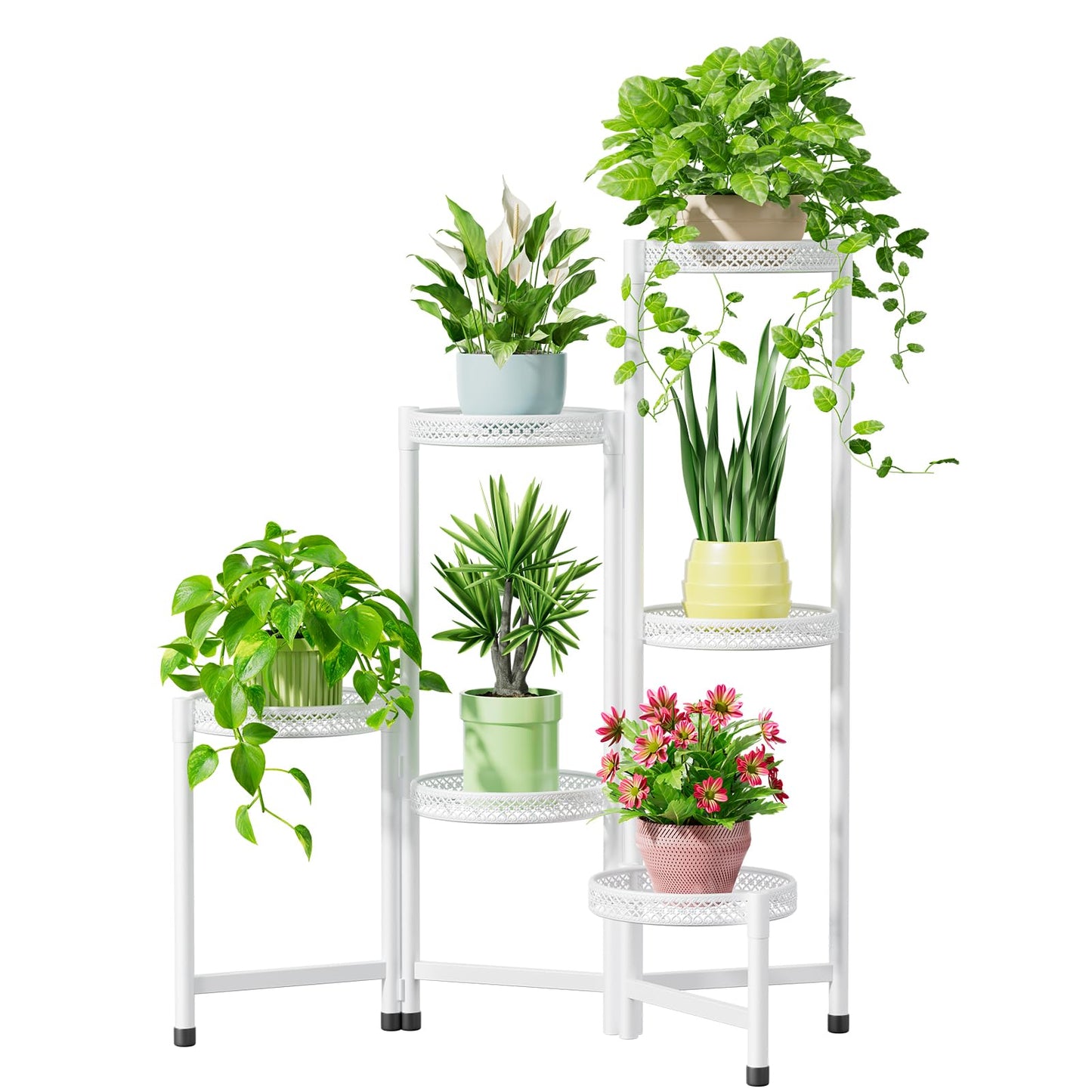 iDavosic.ly Plant Stand Indoor Outdoor, 6 Tier Corner Metal Flower Display Holder Shelf, Folding Tall Orchid Rack for Patio Balcony Porch Garden Living Room House, Wrought Iron - White