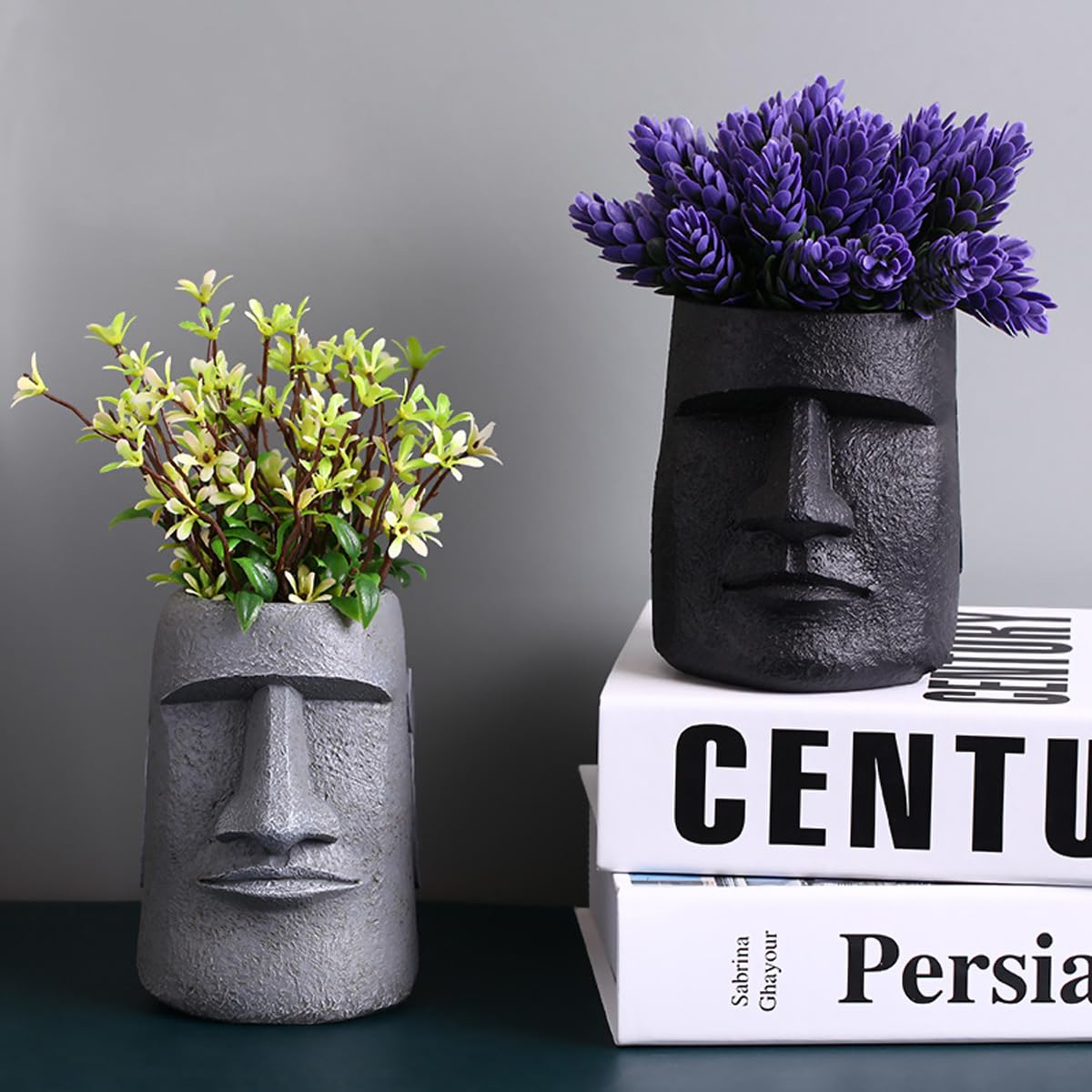 Lifexquisiter Easter Island Moai Head Succulent Planter Pot, Human Face Flower Pot for Desktop Home Decor, Cool Moai Figurines Pen and Brush Holder, Grey