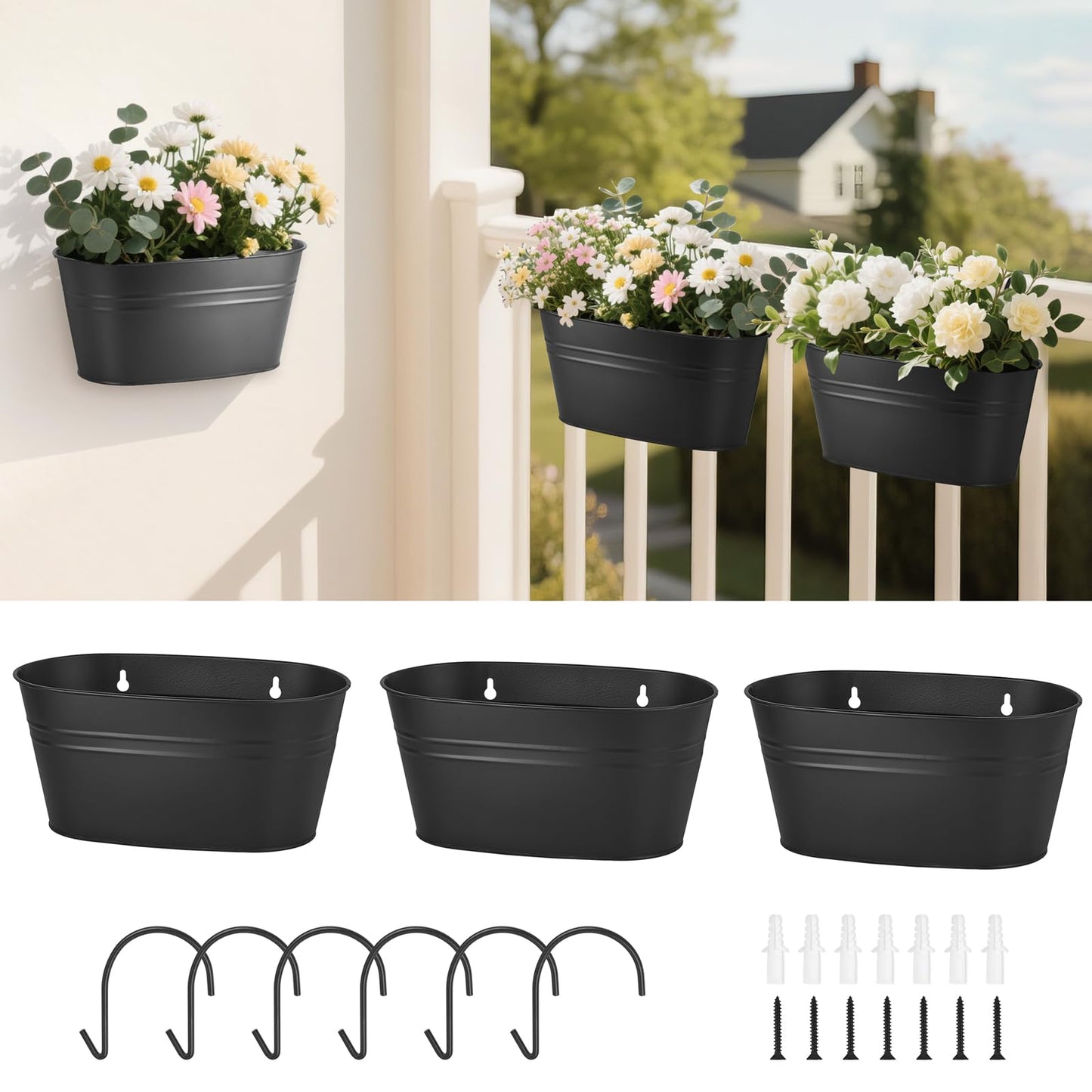 Dahey 3 Pcs 10.5 Inch Hanging Flower Pots for Railing Fence Metal Wall Planters for Indoor Plants Outdoor Countryside Window Flower Holder with Hooks Drainage Holes for Garden Yard Home Decor, Black