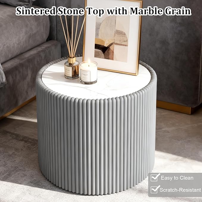SSLine Round Drum Coffee Table Modern Sintered Stone Top Side End Table in Grey