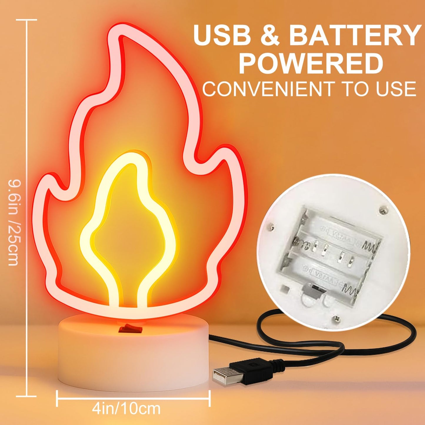 AurGun Fire Flame Neon Sign with Base, LED Fire Neon Lights for Room Decor, USB & Battery Powered Table Lamp Flame Led Light Sign for Home, Bedroom, Party, Birthday, Christmas Decor, Kids Gift