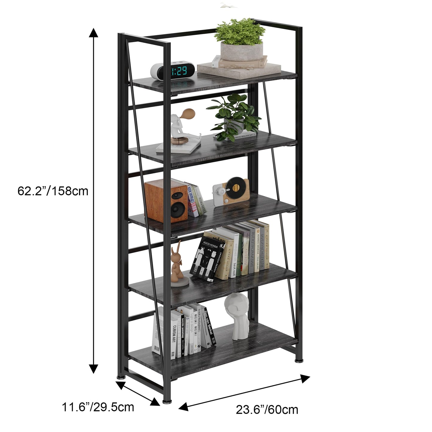 BHG Vintage Multifunctional Folding Bookshelf, No-Assembly Plant Stand Storage Rack Shelves for Home Office (Gray, 5-Tier)