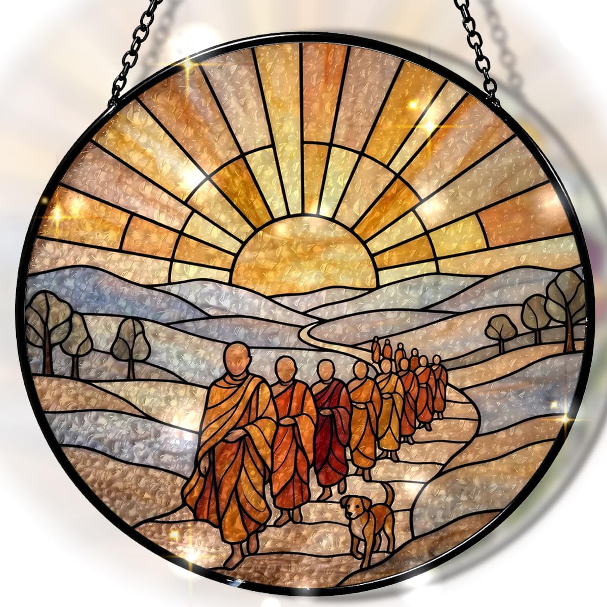 Stained Glass Window Hanging, Walk for Peace Monks with Aloka in Faux Stained Glass Landscape Panel Sun Catchers Decor for Birthday for Women, Men, Wife, Aunt, and Mom 7.87 in