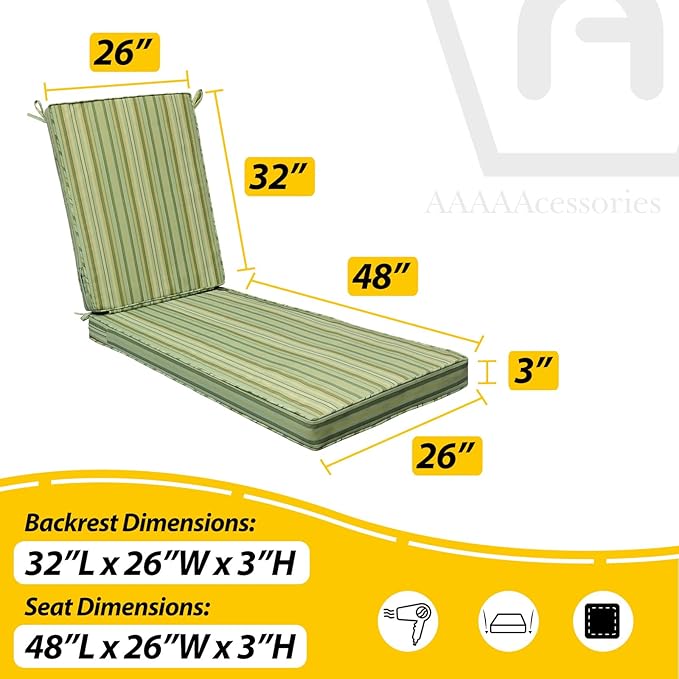 AAAAAcessories Outdoor Chaise Lounge Cushions, Fade-Resistant, Waterproof Patio