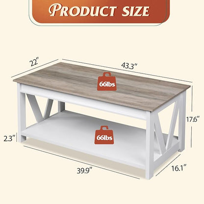 WLIVE Coffee Table, 43" Farmhouse Coffee Table with Storage Shelf & Sturdy V-Shaped Support, Wood Center Table for Living Room, Bedroom, Office and Balcony, White