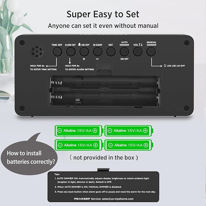 Peakeep Battery Operated Digital Alarm Clock for Bedrooms - Cordless Large Big Numbers 4 Dimmers, Auto Dimming for Seniors, Adjustable Volume Loud Alarm Clock for Heavy Sleepers Adults (Green Digits)