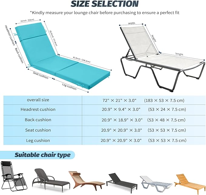 2 Pcs Outdoor Chaise Lounge Cushion 72" x 21" x 3", 4-Section Folding Patio