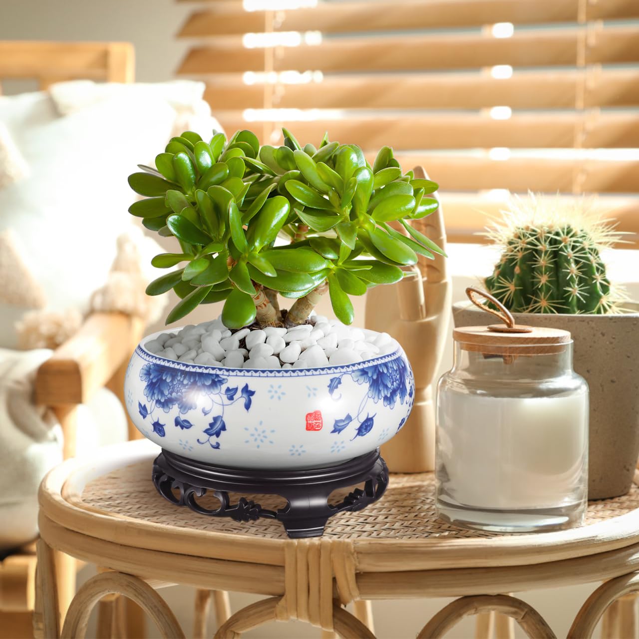 YARNOW Lotus Bowl Planter with Stand - Non Hole Ceramic Bonsai Pot for Water Lily, Succulents, and Small Plants, 7 x 6.3 x 4 Inch