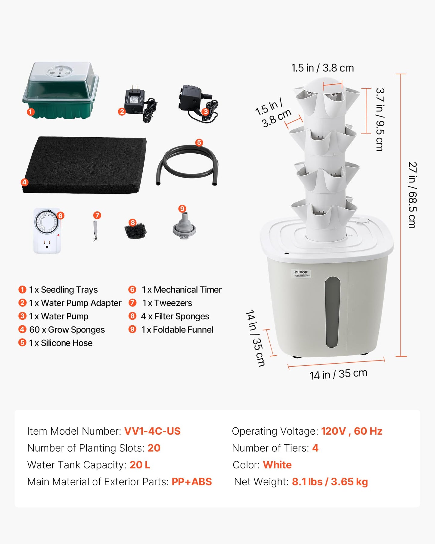 VEVOR Hydroponic Tower, 20 Pods 4 Tiers Hydroponics Growing System Kit, Vertical Home Hydronic Garden with 20L Water Tank & Pump, Planter Plants Germination Kit for Indoor Herbs, Fruits, Vegetables