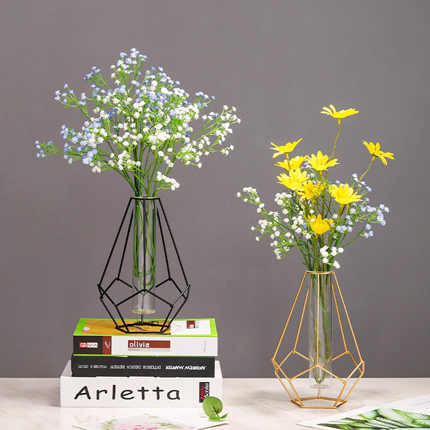 Metal Frame Vase Geometric Glass Flower Vase, Lantern Shape Glass Test Tube Vase, Modern Creative Clear Tube Glass Planter Terrariums with Geometric Metal Stand for Decor Office Home (Black B)