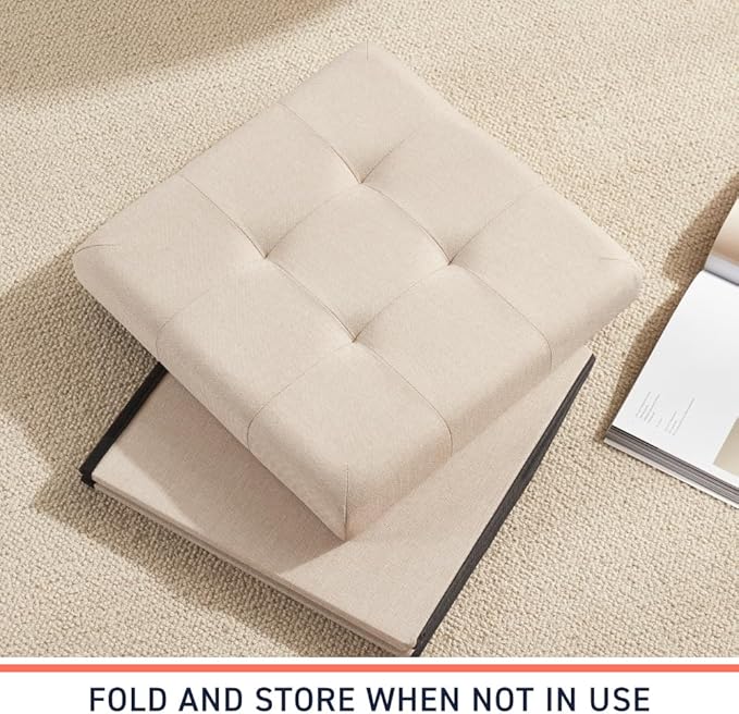 Ornavo Home 2 Pack 15 Inch Folding Storage Ottoman, Square Cube Linen Small