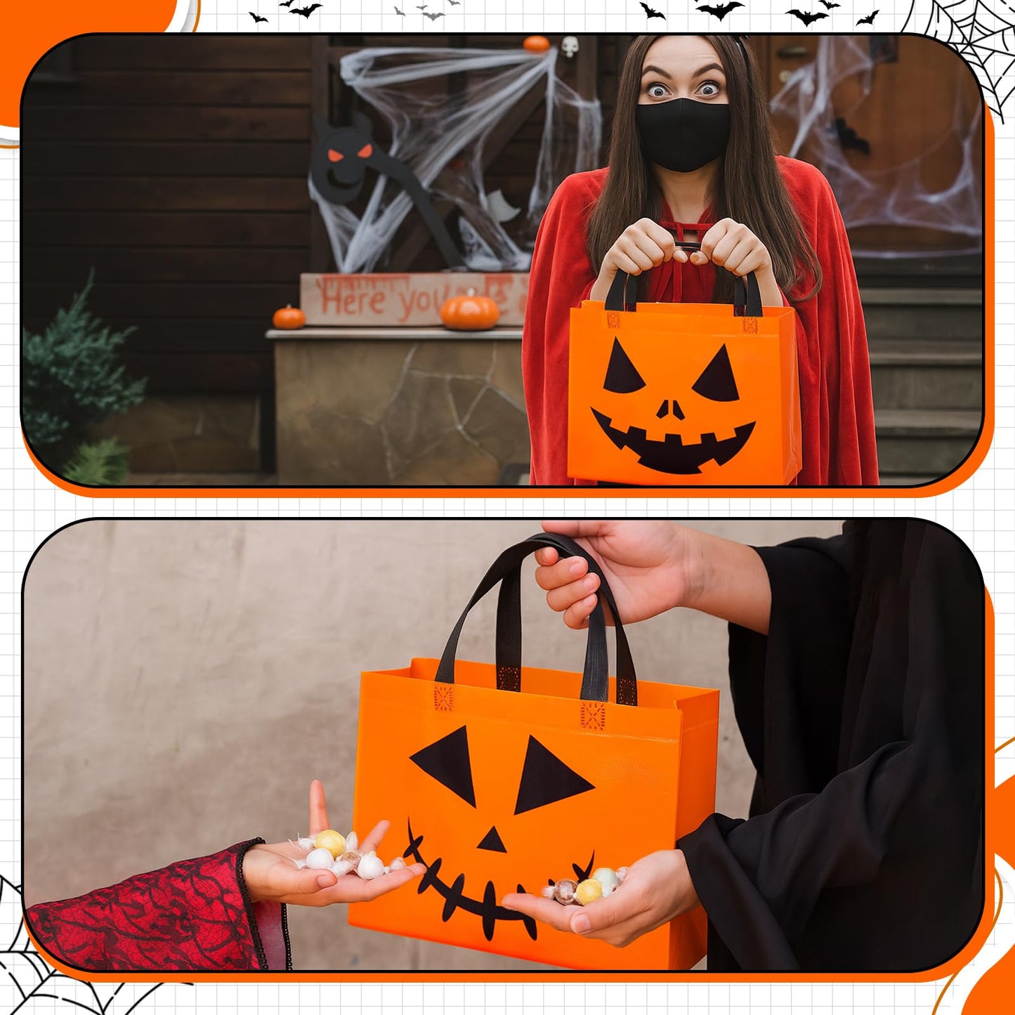 Lincia 24 Pcs Halloween Non Woven Pumpkin Bag 12.6 x 9.8 Inch Reusable Trick or Treat Gift Candy Goodie Handles Bag for Halloween Birthday Party Favors Classroom
