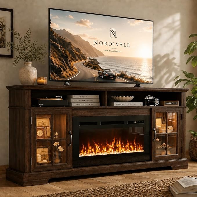 70" Fireplace TV Stand, Modern Entertainment Center