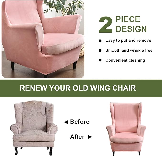 HAOYONG Velvet Wingback Armchair Covers 2-Piece Elastic Stretch Wingback Chair