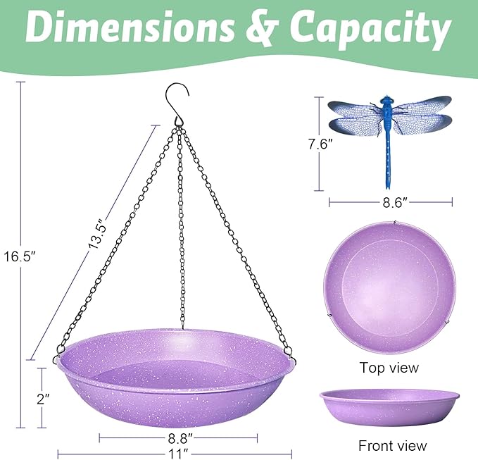 Hanging Bird Bath for Outdoors,Metal Birdbath Bowl with Magnetic Dragonfly Decor Garden Bird Feeder & Water Basin for Backyard,Patio,Decoration,11 Inch Purple Speckled