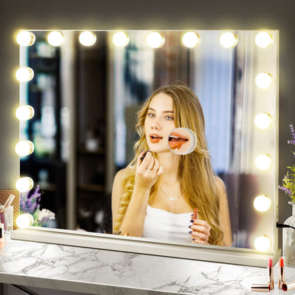 M MIVONDA Hollywood Vanity Mirror with Dimmable 15LED Bulbs Lights 3 Lighting Modes 2in1 Large Lighted Makeup Mirror for Desk and Wall with Plug-in and USB Charger Port