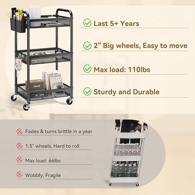 YASONIC 3 Tier Rolling Cart – Metal Utility Storage Carts