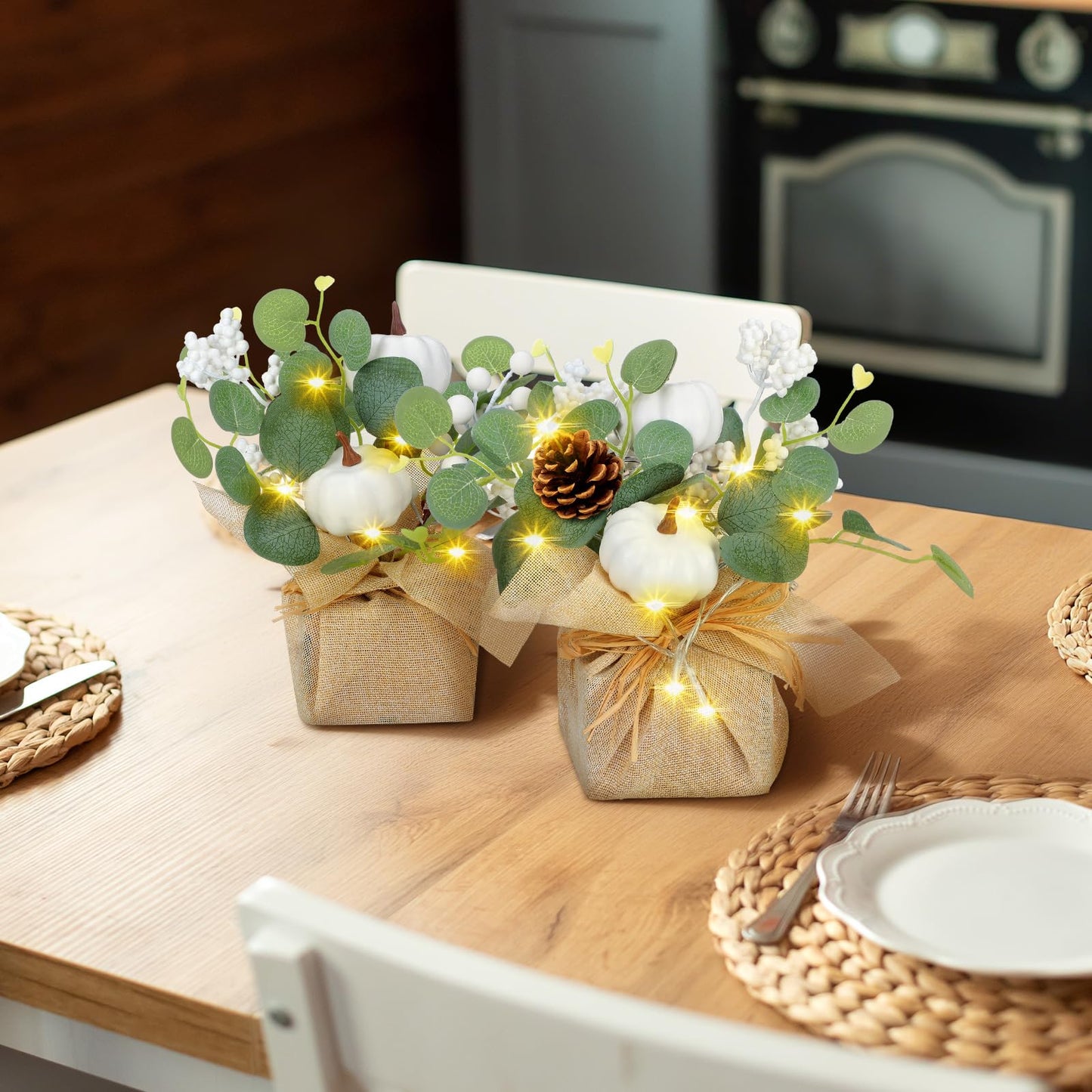 Janinka 2 Set 11 Inch Fall Decorations for Home White Pumpkins Eucalyptus Tables Centerpieces Artificial Pine Cones Berry Stem Picks Decor with 20 LED Lights for Autumn Thanksgiving Decorations