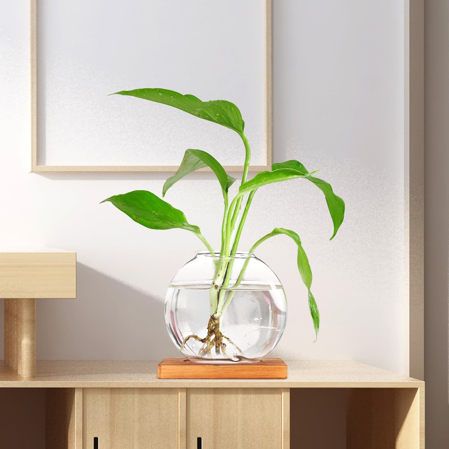 DOITOOL Wood Base Glass Hydroponic Vase for Plant Propagation, Desktop Planter Bottle with Retro-Style Base, Home and Office Flower Terrarium Decoration