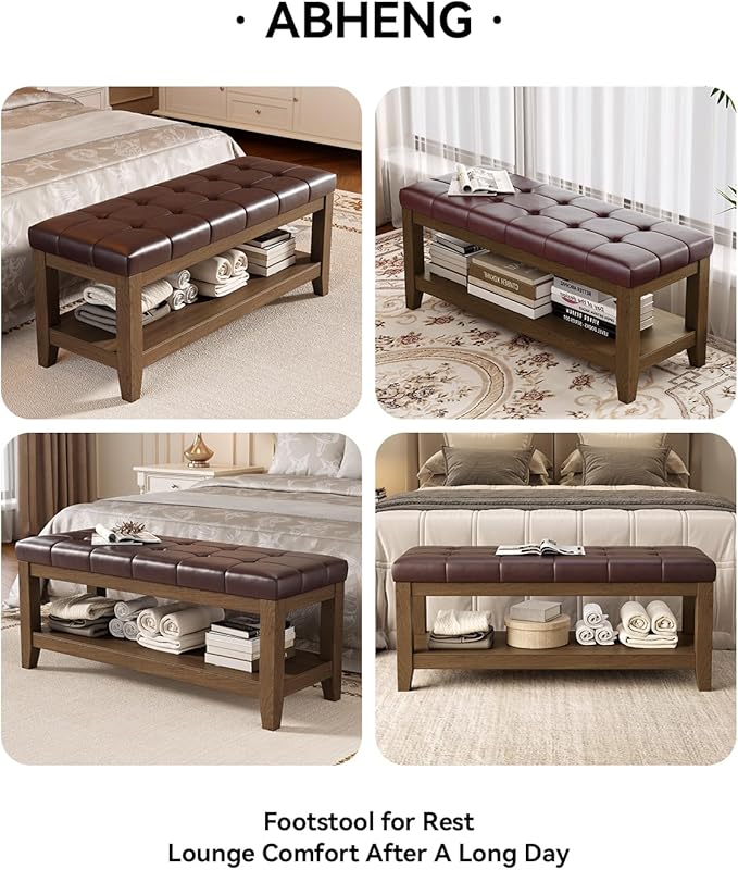 ABHENG Solid Rubber Wood Shoe Bench, Easy-Clean PU Upholstered Seat, 770LB Load