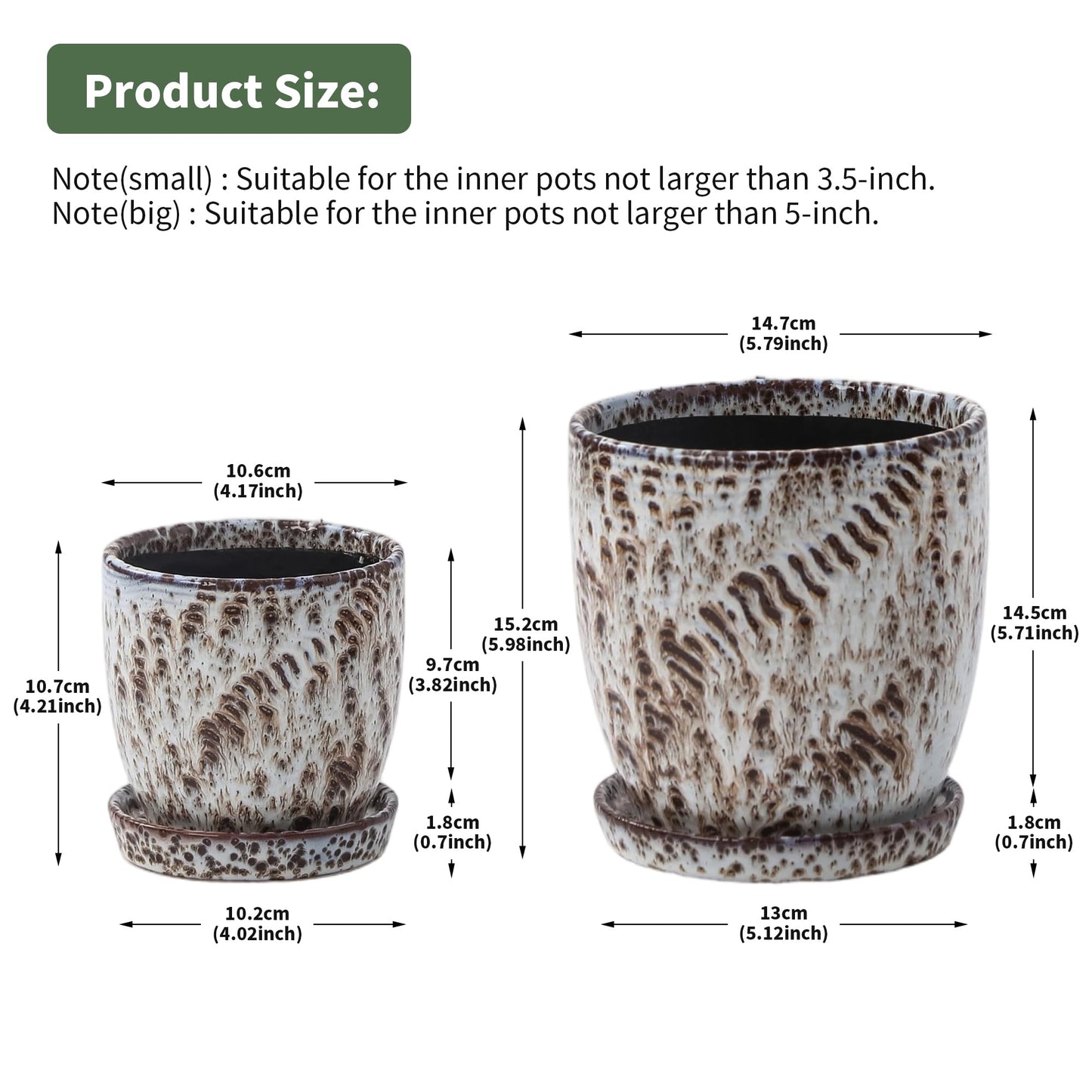 4+5.75 Inch Ceramic Planter Set of 2 with Drainage Hole and Saucer for Plants, Indoor-Outdoor Large Round Succulent Orchid Flower Pot -Reactive Glaze Speckled(Inner-pots not Larger Than 5 Inch)