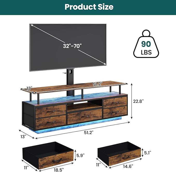 BTHFST TV Stand with Mount for 45/55/65/70 inch TVs, 51.2" LED TV Stand with