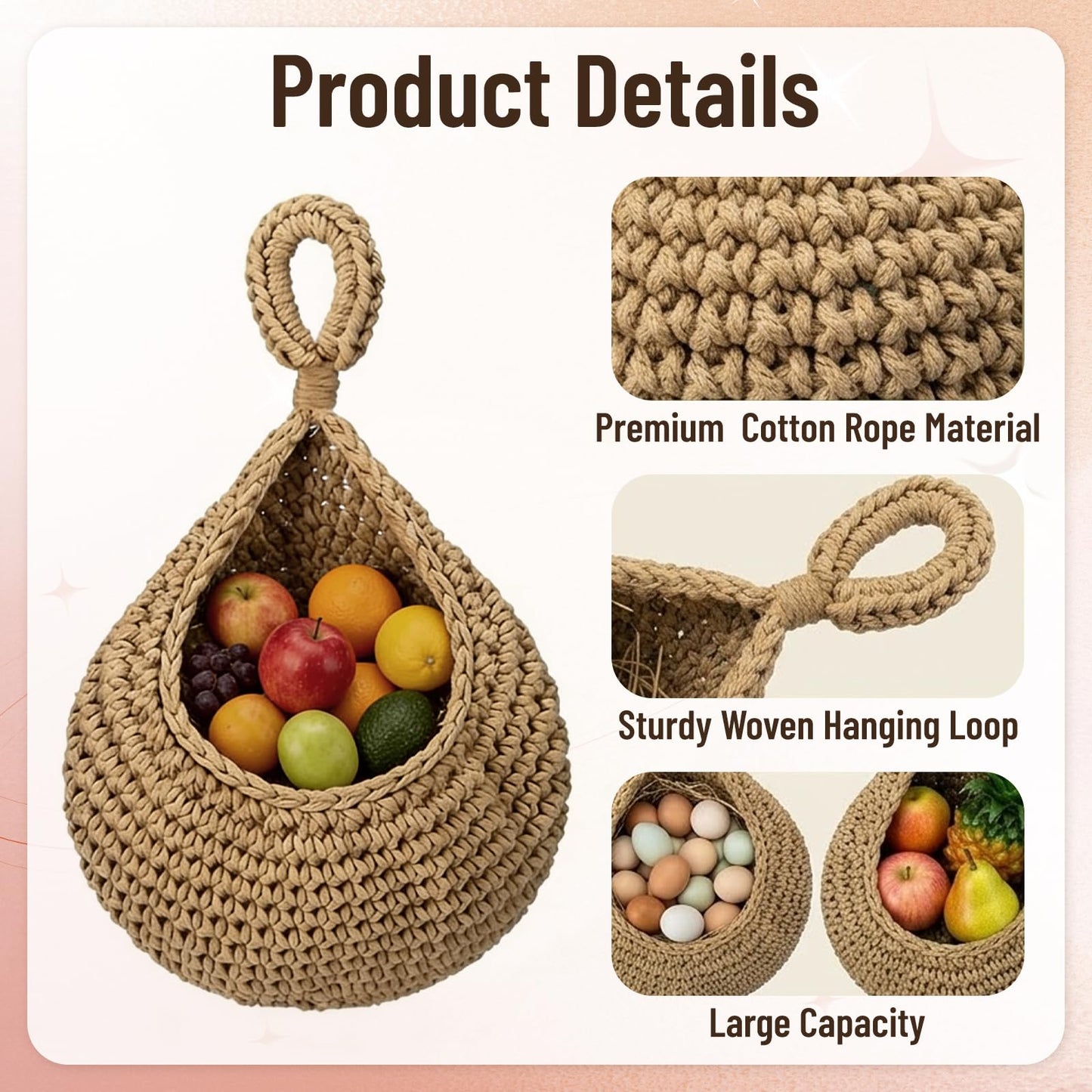4 Pack Boho Decor Hanging Baskets for Kitchen, 4 Sizes Teardrop Wall Baskets with Hooks for Home Storage Fruit Vegetable