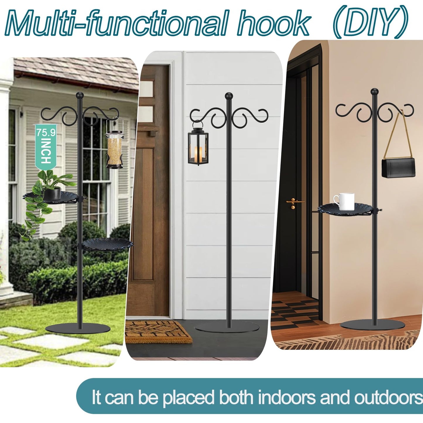 Upgraded 74" Shepherd's Hook for Bird Feeder，Floor Hanging Plant，Wind Chime Stand, Waterproof Metal & Adjustable-Height Standing Pole Holder for Lantern and Wreath, Indoor & Outdoor（2 Placement Racks)