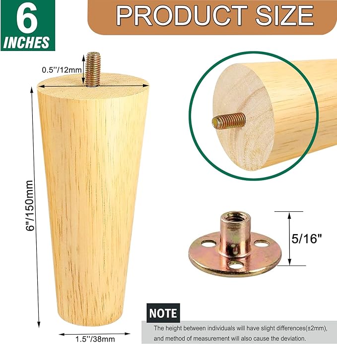 Yaliuliu 6 Inches Round Solid Wood Furniture Legs Set of 4, Natural Wooden