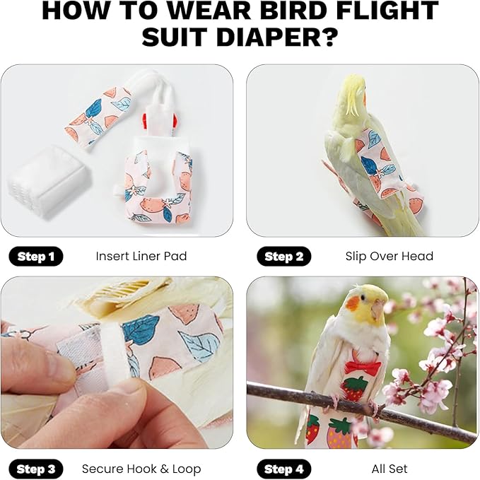 QBLEEV Bird Diapers, Reusable Cockatiel Flight Suit with Adjustable Straps, Parrot Pigeon Pants Urine Wet Leakproof Lining Nappy Clothes, Indoor & Outdoor Poop Control for Conures Sun Parakeet Macaw