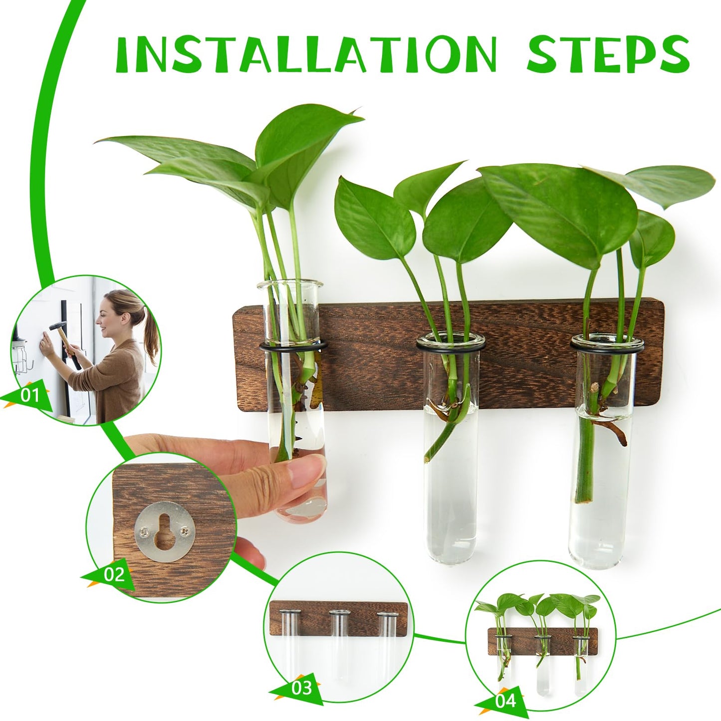 XXXFLOWER Wall Mounted Plant Terrarium with Wooden Stand 3 PCS Hanging Planter Propagation Station with 3 Glass Tubes for Plant Cuttings Flower Vases for Home Office Indoor Decor