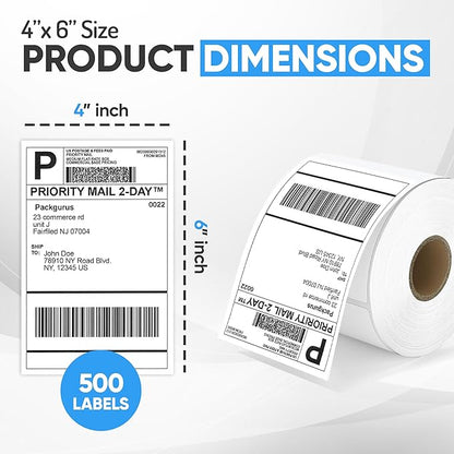 PackGurus 4"x6" Direct Thermal Label Roll, Shipping Labels with Perforated, Commercial Grade for Thermal Printer, 500 Labels/Roll, 4 Rolls (2,000 Labels Total)
