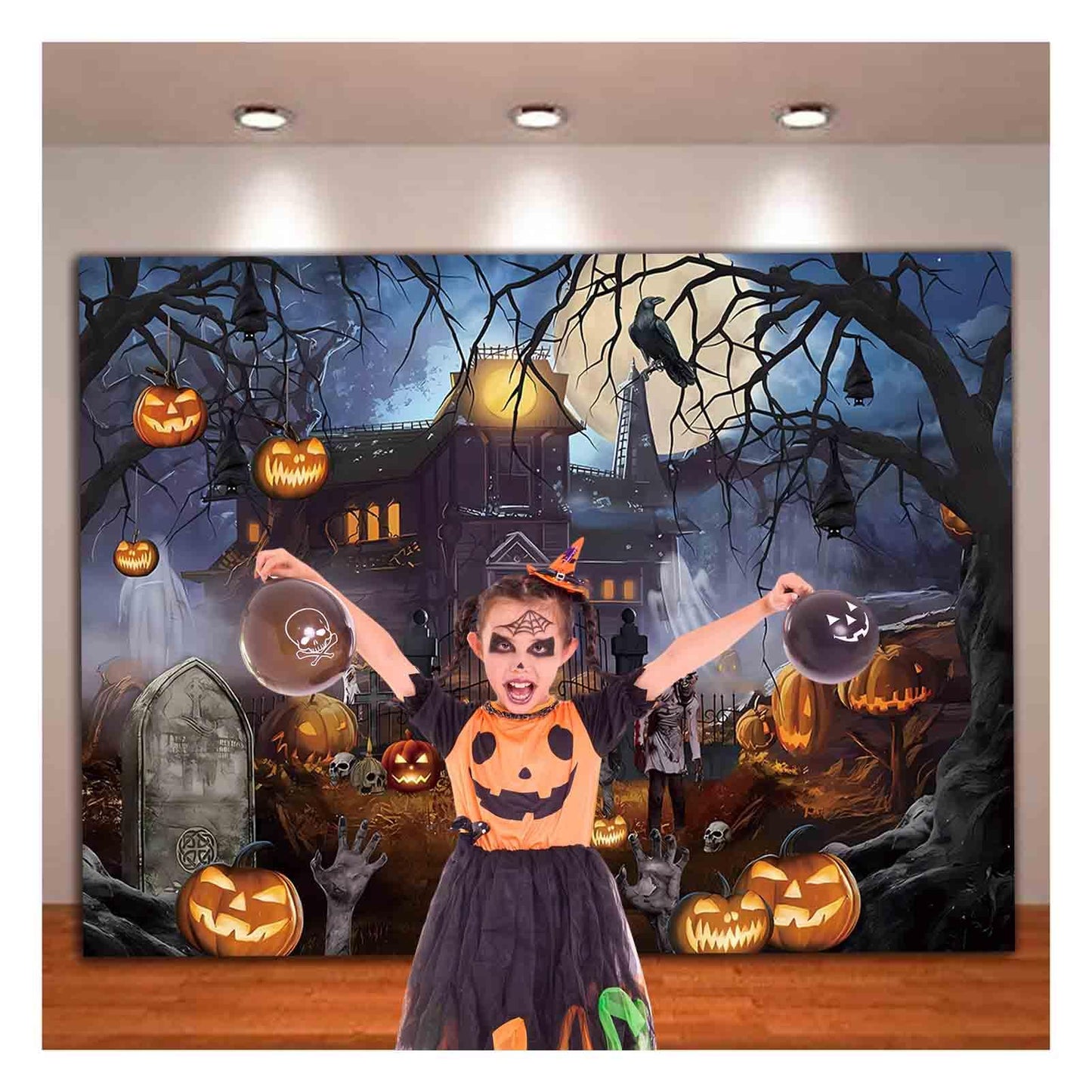 Halloween Theme Backdrop 8x6ft for Photography Scary Ghost Castle Moon Night Scary Pumpkin Lantern Crow Photo Background for Horror Halloween Party Portraits Decor Banner